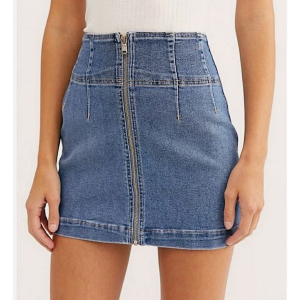 We the Free People Zip Up Virgo Denim Mini Skirt Blue High Waist 28 Boho Western